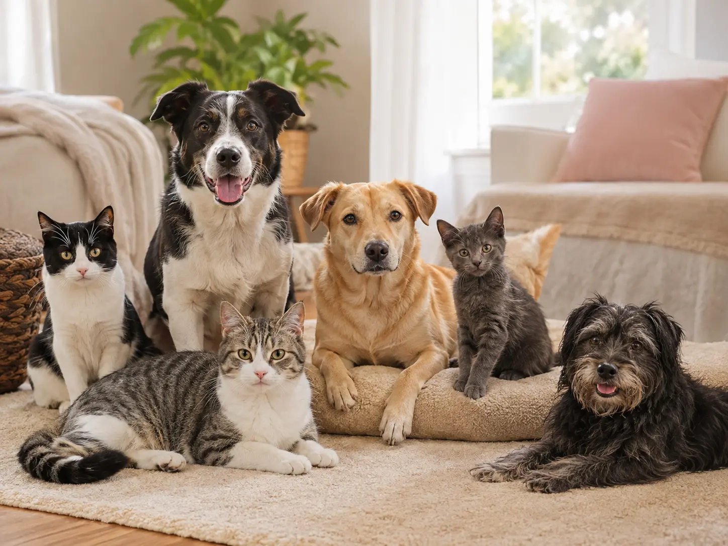 Perritos y gatitos compartiendo un hogar de tránsito cálido