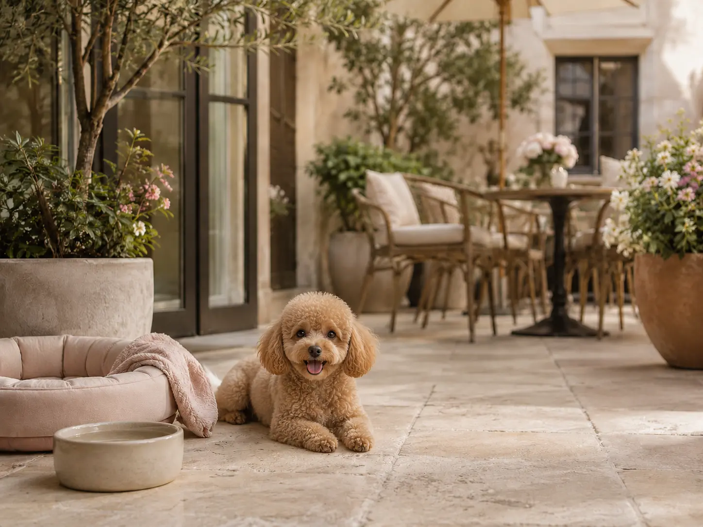 Caniche apricot descansando en la terraza de un espacio pet friendly